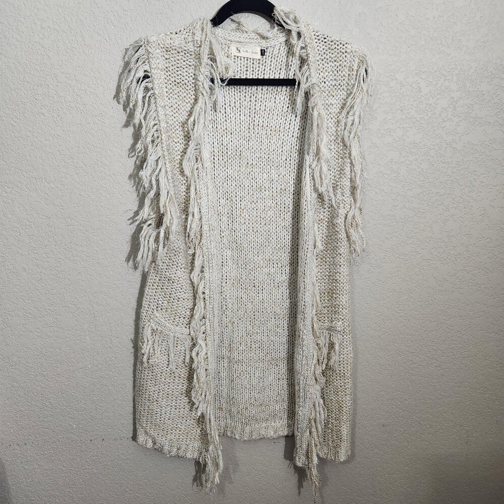 Faith + Linen Long Cardigan Sweater Vest Large XL Cream Beige Chunky Knit Fringe